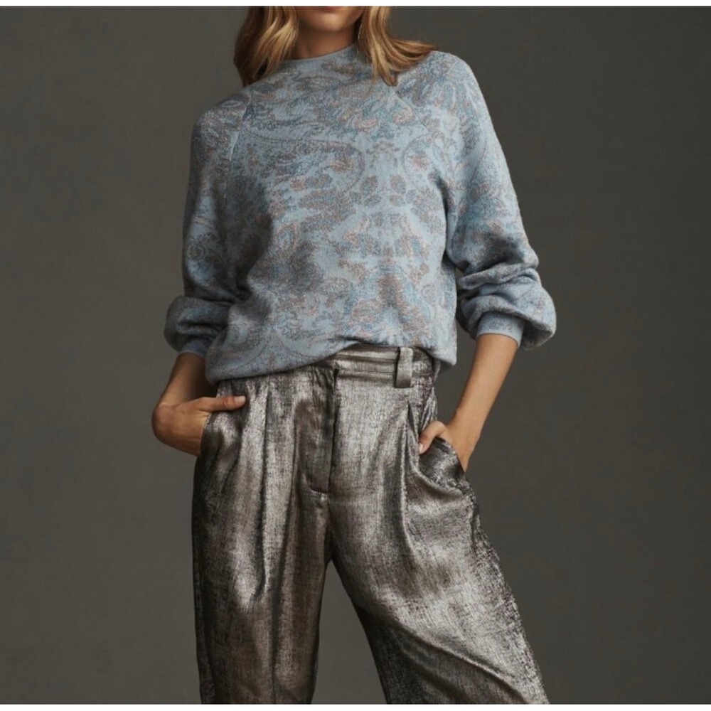 Anthropologie Blue Metallic Silver Paisley Jacquard Sweater Medium Sparkle Boho
